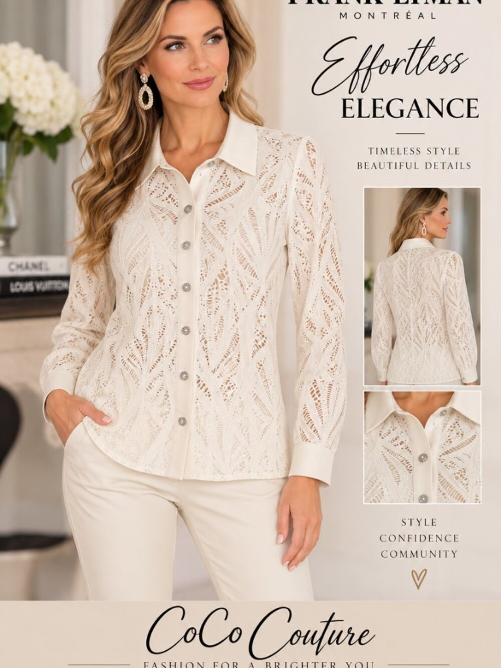 263484 Cream Lace Button Down LS To by FRANK LYMAN